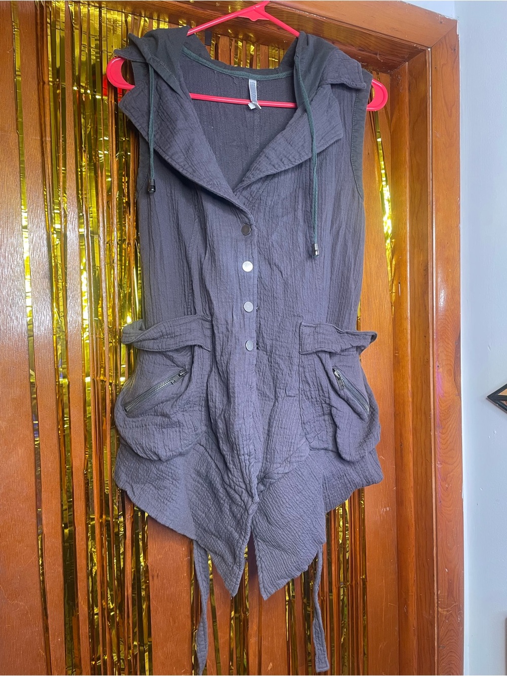Sleeveless Hooded Button Front Vest in Charcoal Gray